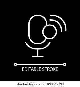 Voice assistant app white linear icon for dark theme. Mobile application. Voice recognition. Thin line customizable illustration. Isolated vector contour symbol for night mode. Editable stroke