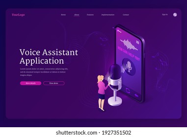 Voice assistant application isometric landing page. Speaker command recognition smart app, digital identification technologies. Tiny woman stand at huge smartphone with microphone 3d vector web banner