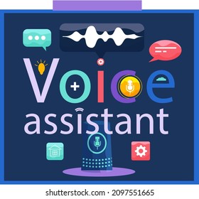 Voice assistant banner. Smart speaker with voice recognition flat vector inscription for websites on blue background. Smart speaker recognizes voice commands and controls smart home devices