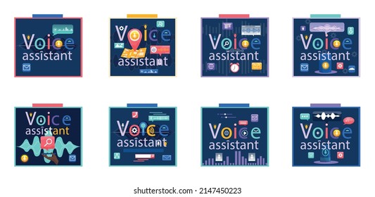 Voice assistant banner. Smart speaker with voice recognition flat vector inscription for websites on blue background. Smart speaker recognizes voice commands and controls smart home devices