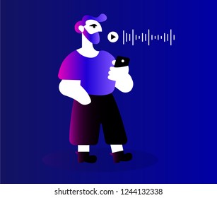 Voice assistant and bearded man - vector illustration