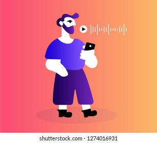 Voice assistant and bearded man - vector illustration