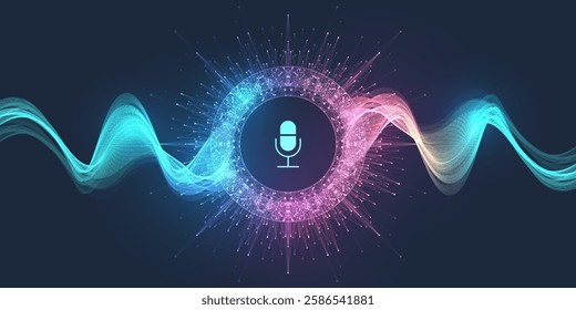 Voice assistant concept. Voice AI chat bot icon. Voice and sound recognition equalizer wave flow background. Personal assistant and voice recognition concept.