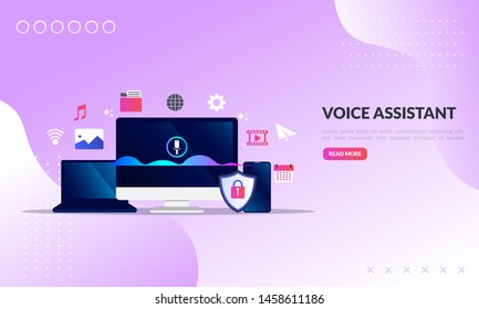 Voice Assistant concept, computer screen with sound wave intelligent technologies,technology for personal identity recognition and access authentication, flat icon,suitable for web landing page