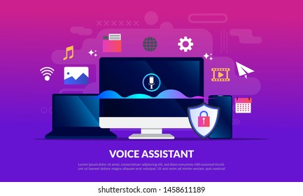 Voice Assistant concept, computer screen with sound wave intelligent technologies,technology for personal identity recognition and access authentication, flat icon,suitable for web landing page