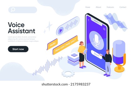 Voice assistant concept. Entrepreneurs use innovative technologies or artificial intelligence for voice recognition. Landing page. Mobile App for business. Cartoon isometric vector illustration