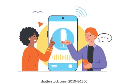 Concepto de asistente de voz. ondas de sonido de ecualizador en el teléfono inteligente. Hombre y mujer hacen preguntas a un asistente personal. Dibujo vectorial plano del doodle de dibujos animados aislado en fondo blanco