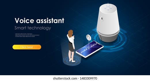 Voice assistant concept. Isometric smart   speaker with smartphone. A character activating smart speaker using smartphone. Smart digital technology. Vector isometric illustration.