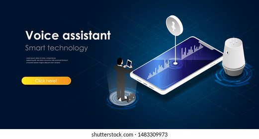 Voice assistant concept. Isometric smart   speaker with smartphone. A character activating smart speaker using smartphone. Smart digital technology. Vector isometric illustration.