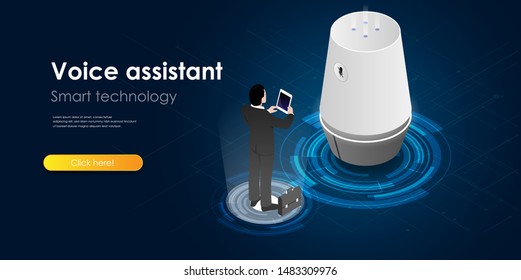 Voice assistant concept. Isometric smart   speaker with smartphone. A character activating smart speaker using smartphone. Smart digital technology. Vector isometric illustration.
