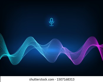 Voice assistant concept. Microphone voice control technology, voice and sound recognition. Vector sound wave. High-tech AI assistant voice, background wave flow, equalizer. Vector illustration