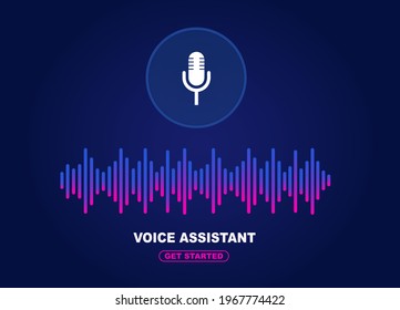 Voice assistant concept. Vector sound wave. Microphone voice control technology, voice and sound recognition. Hi-tech AI assistant voice, background wave flow, equalizer. Vector illustration 