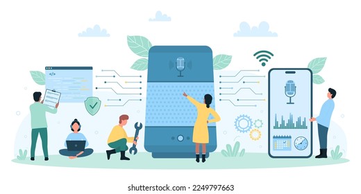 Voice assistant, electronic automation service vector illustration. Cartoon tiny people control smart virtual voice assistant by commands, using speakers, microphone app in phone and laptop software