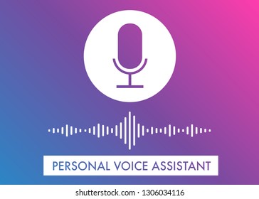 Voice Assistant Flat Vector Illustration, Voice Search Recognition Concept For Website Banner And Microphone Personal Siri Assistant Icons On The Gradient Background