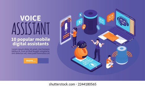 Voice assistant horizontal banner providing information about ten popular mobile digital assistants isometric vector illustration