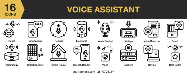 Voice Assistant icon set. Includes device, electronic, modern, record, robot, smart house, and More. Outline icons vector collection.