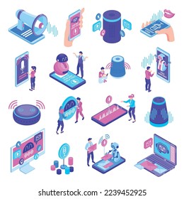 Voice assistant isometric set of different devices helping to solve problems and answering questions isolated vector illustration