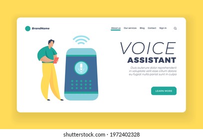 Voice assistant landing page website banner template. Wireless virtual assistant. Male cartoon character standing near smart speaker. Smart speaker apps development. Flat vector illustration