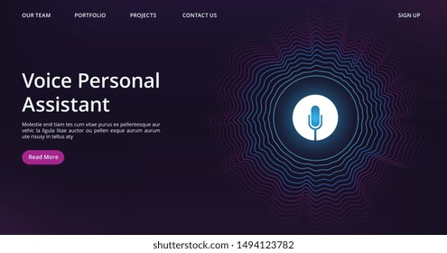 Voice assistant landing. Web page template with vector sound wave and microphone
