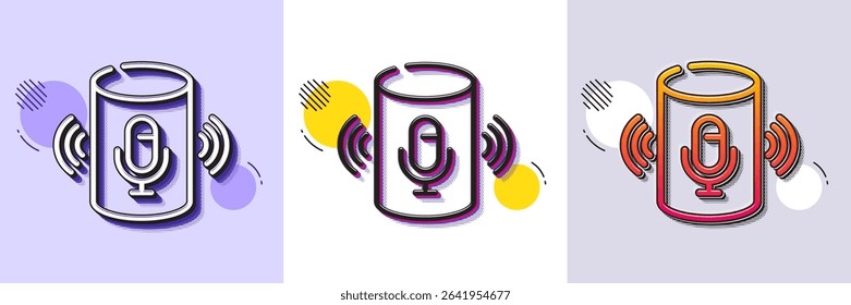 Voice assistant line icon. Halftone dotted pattern. Gradient icon with grain shadow. Smart speaker sign. Wireless speaker with microphone symbol. Line voice assistant icon. Various designs. Vector