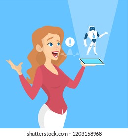 Voice assistant in the mobile phone concept. Digital technology and smart gadget. Sound recognition and voice control. Woman say hi to the smartphone. Flat vector illustration