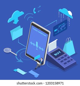 Voice assistant in the mobile phone concept. Digital technology and smart gadget. Sound recognition and voice control. Vector isometric illustration