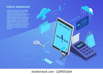 Voice assistant in the mobile phone concept. Digital technology and smart gadget. Sound recognition and voice control. Vector isometric illustration