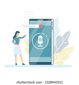 Voice assistant in the mobile phone concept. Digital technology and smart gadget. Sound recognition and voice control. Vector flat illustration