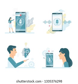 Voice assistant in the mobile phone concept set. Digital technology and smart gadget. Sound recognition and voice control. Vector flat illustration