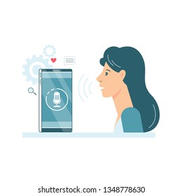 Voice assistant in the mobile phone concept. Digital technology and smart gadget. Sound recognition and voice control. Vector flat illustration