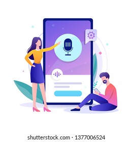 Voice assistant in the mobile phone concept. Digital technology and smart gadget. Sound recognition and voice control. Vector flat illustration