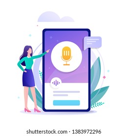 Voice assistant in the mobile phone concept. Digital technology and smart gadget. Sound recognition and voice control. Vector flat illustration