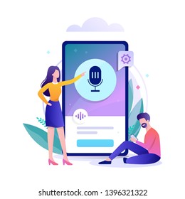 Voice assistant in the mobile phone concept. Digital technology and smart gadget. Sound recognition and voice control. Vector flat illustration