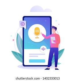 Voice assistant in the mobile phone concept. Digital technology and smart gadget. Sound recognition and voice control. Vector flat illustration