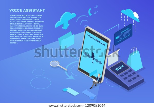 Voice assistant in the mobile phone concept.\
Digital technology and smart gadget. Sound recognition and voice\
control. Vector isometric\
illustration