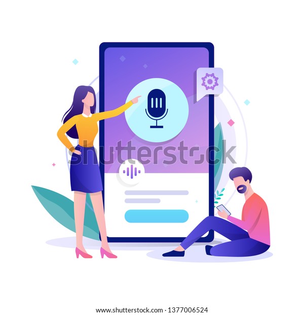 Voice assistant in the mobile phone concept.\
Digital technology and smart gadget. Sound recognition and voice\
control. Vector flat\
illustration