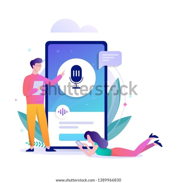 Voice assistant in the mobile phone concept.\
Digital technology and smart gadget. Sound recognition and voice\
control. Vector flat\
illustration