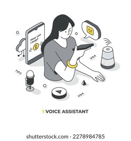 Voice assistant in mobile. Woman interacting with her phone voice assistant, surrounded by audio and communication elements. Isometric illustration