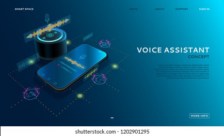 Voice assistant modern concept. Equalizer sound waves on the smart phone and on the smart speaker. Landing page with Personal assistant concept. Vector illustration.