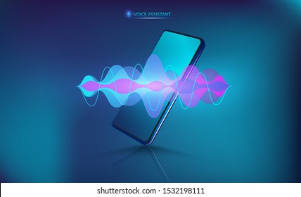 Voice assistant on the Smartphone. Isometric cellphone with sound wave. Microphone voice control technology, voice and sound recognition. Hi-tech AI assistant voice with mobile phone mockup. Vector