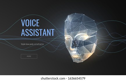 Voice assistant, online helper low poly wireframe landing page template. Technology web banner. 3d face model polygonal illustration. Chat bot, humanoid mesh art homepage design layout