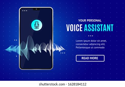Voice Assistant Personal System Concept Banner Horizontal with Realistic Detailed 3d Mobile Phone Gadget Display. Vector illustration