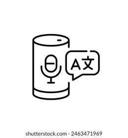 Voice assistant pod with languages symbol. Artificial intelligence service with online translation. Vector icon