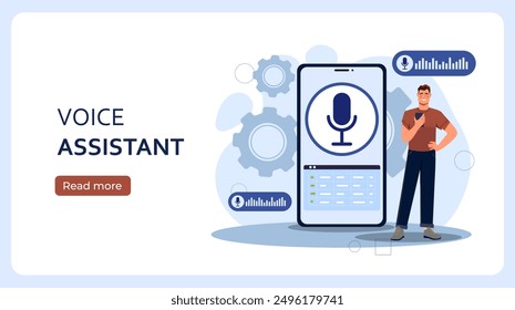Voice assistant poster. Man near smartphone with speech recognition application. Virtual voice helper. Artificial intelligence and online bot. Landing webpage design. Flat vector illustration