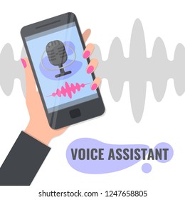 Voice assistant and voice recognition concept. Female hand with smartphone with Personal assistant mobile app. Microphone and soundwave. Vector illustration