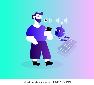 Voice assistant robot and bearded man - vector flat illustration