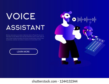 Voice assistant robot and bearded man - vector illustration