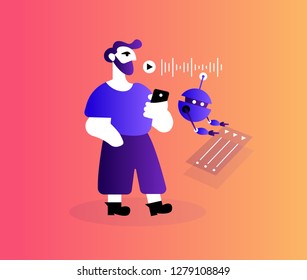 Voice assistant robot and bearded man - vector flat illustration