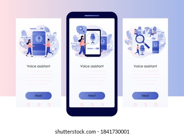Voice assistant and search concept. Tiny people user with voice controlled smart speaker. Screen template for mobile smart phone. Modern flat cartoon style. Vector illustration on white background