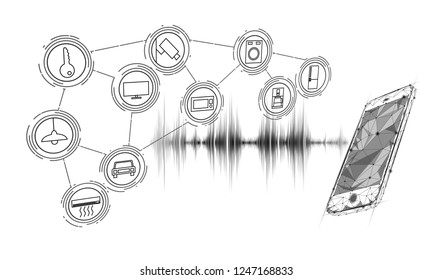 Voice assistant smart home control. Internet of things icon innovation technology concept. Wireless network soundwave smartphone IOT ICT. Artificial intelligence automation AI vector illustration